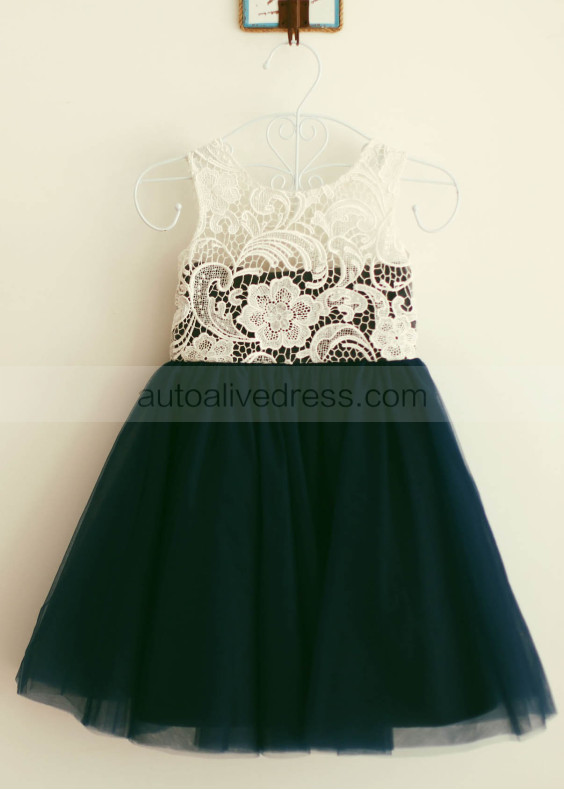 Ivory Lace Navy Blue Tulle Pretty Flower Girl Dress